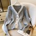 Women's Clothing Lace Stitching Sample Fashionable Elegant Lace Trim V-Neck Long Sleeve Cardigan Sweater For Women - Grey & Beige, One Size Fits All_voghion.com