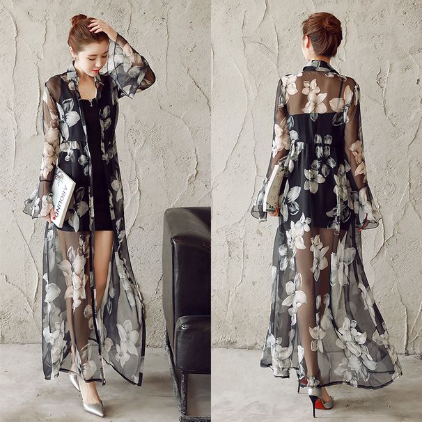 Cardigan fino de chiffon com proteção solar e mangas compridas para praia_voghion.com