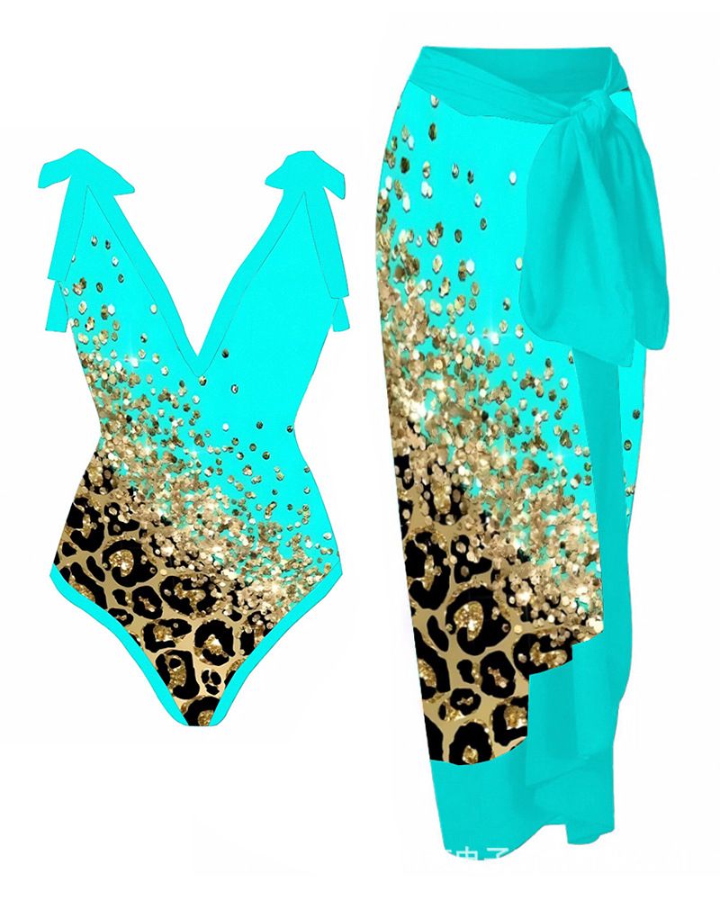Women's Clothing leopard print two piece swimsuit one piece swimsuit women's slimming strap swimsuit suit mesh long skirt_voghion.com