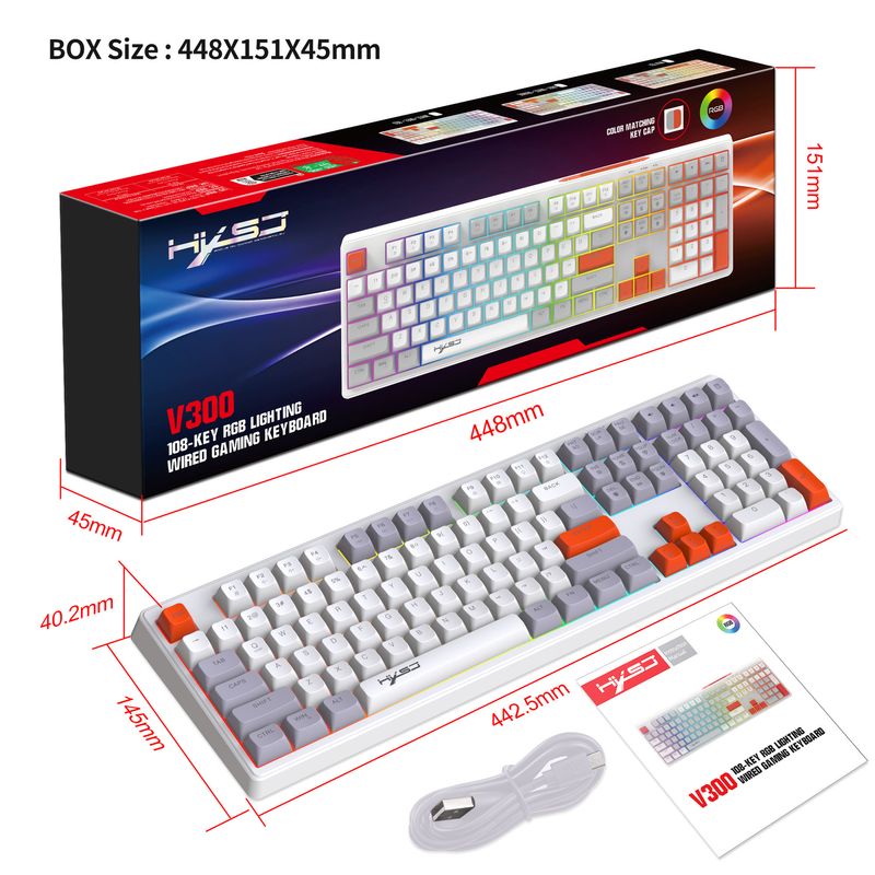 New 108 key thin film wired gaming keyboard RGB backlit ball cap ABS material color blocking_voghion.com