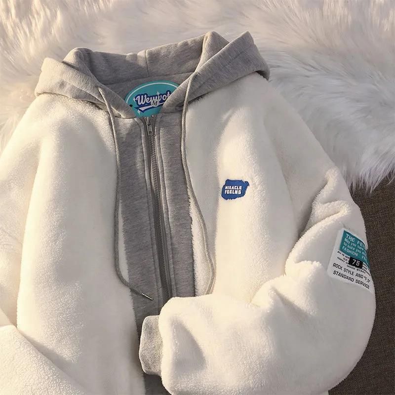 Abbigliamento maschile Felpa in pelle di agnello da 300 g più velluto ispessito per donna Felpa in pelle di agnello retrò larga per donna_voghion.com