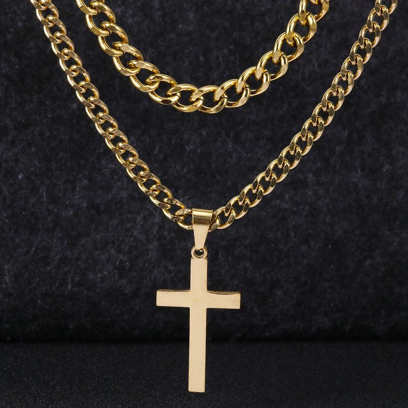 Collana da uomo Hop Hip in acciaio inossidabile con catena cubana a doppio strato intrecciata e croce, resistente alla luce._voghion.com