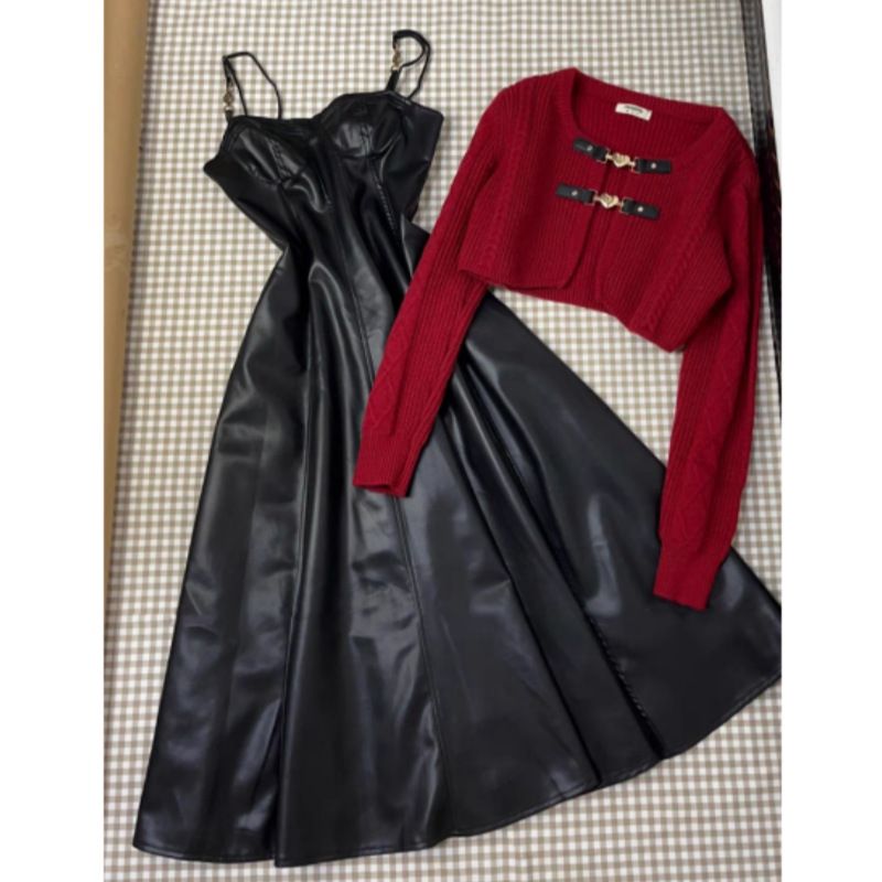 Ensemble deux pièces de 3 pouces de style Lotus [Heart Whisper Star], robe pull rouge à bretelles, style petit parfum de printemps_voghion.com