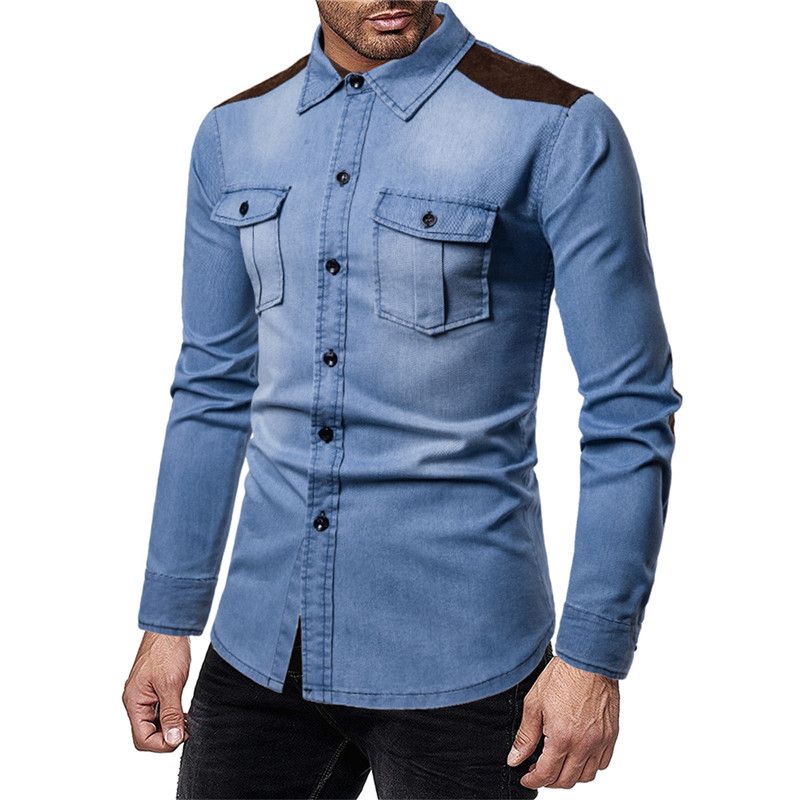 Herrenbekleidung gewaschenes Langarm-Jeanshemd Jugendmode lässiges einfaches Hemd_voghion.com