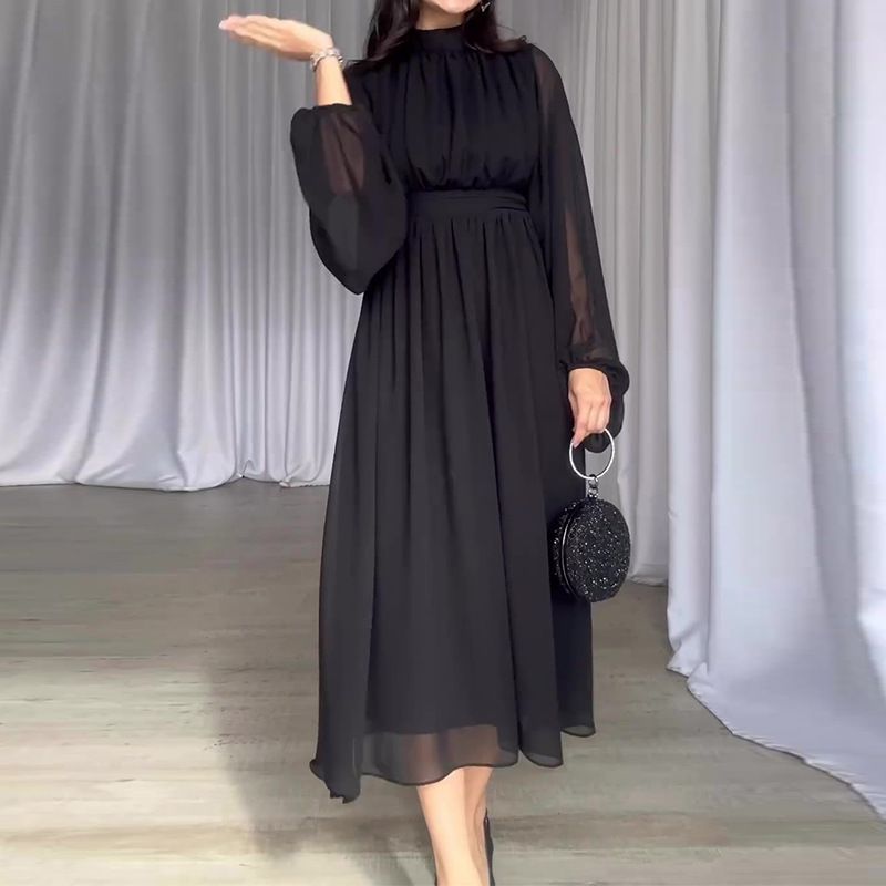 Rochie din șifon cu talie înaltă, decolteu rotund, culoare uni, model plisat, pentru femei_voghion.com