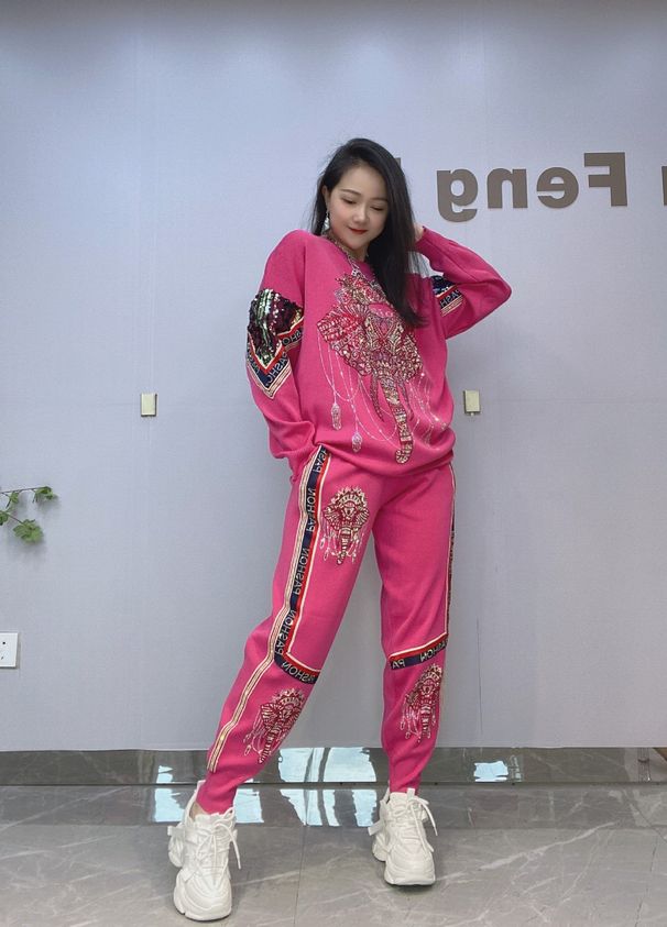 Naiste sügis- ja talveriided, moodne ümara kaelusega ülikond, litritega kaunistatud, suurte varrukatega naiste püksid, teemantmustriga kaheosaline komplekt_voghion.com