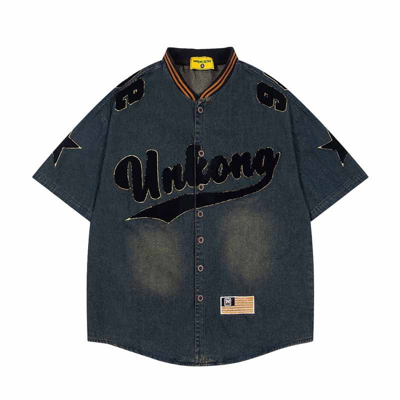 Niche Trendy Brand Letter Towel Embroidered Denim Short Sleeved Shirt Men's American Retro Washed Distressed Loose Short Sleeved Jacket_voghion.com