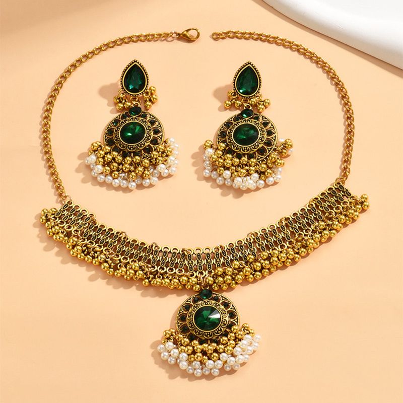Designer-Set aus glänzendem Zirkon-Schmuck mit südostasiatischem, indischem Ethno-Stil, Retro-Schmuckperlen-Set, Ohrringen und Halskette_voghion.com