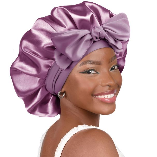 Color Ding streamer round hat bow Extra large beauty care hair wide brimmed hat headscarf night cap_voghion.com