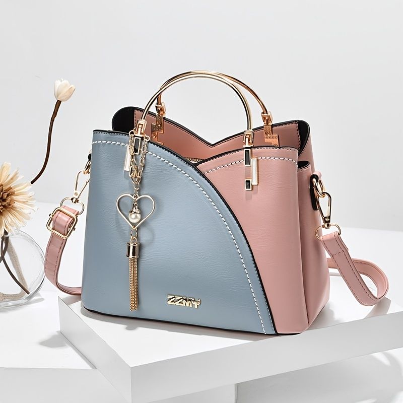 Krāsu bloku soma, moderns metāla pušķu dekors Crossbody soma, sieviešu maks ar gredzenu (_voghion.com