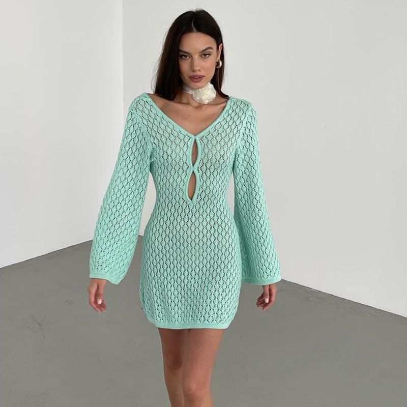 Women's Clothing New Beach Skirt Women's Solid Color Sexy Knitted Hollow Bikini Swimsuit Cover Up Sun Protection Clothing_voghion.com