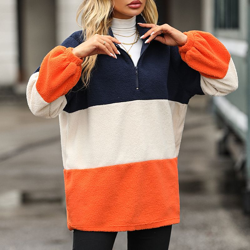 Hanorac casual din lână, cu mâneci lungi, cu rever, îmbinat în dungi_voghion.com