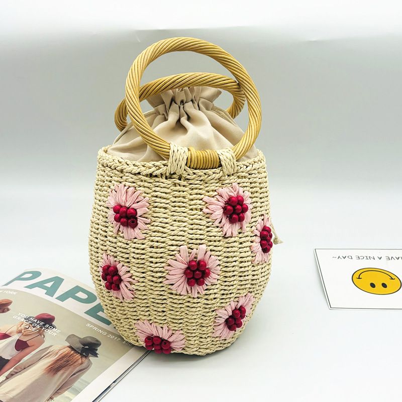 Borsa da donna in paglia, con perline di legno, estiva, con manico in rattan, borsa a mano intrecciata a mano_voghion.com
