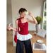 Ballet Style Red Polka Dot Bow Camisole Vest For Women's Summer Design, Patchwork Ruffle Edge Ribbon Top_voghion.com