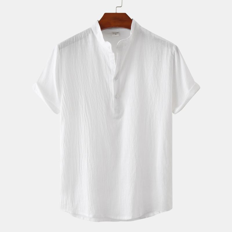 Men's Cotton Linen Stand Collar Casual Short Sleeve Shirt T-Shirt Shirt_voghion.com