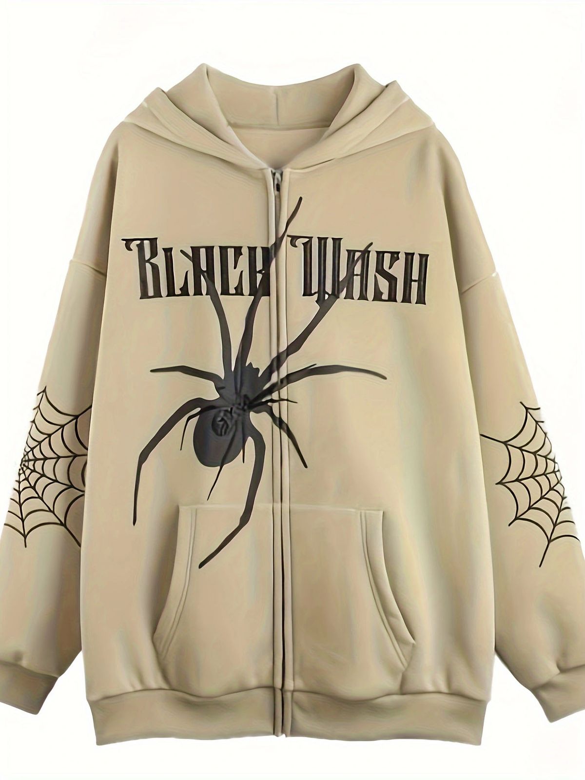 Herren-Fleece-Kapuzenpullover mit Retro-Spinnen-Print und Reißverschluss – Gemütliches Pullover-Sweatshirt mit Vintage-Design, lockere Passform für Herbst und Winter (Schwarz, Sand)_voghion.com