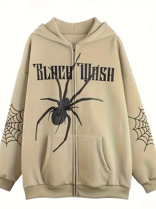 Herren-Fleece-Kapuzenpullover mit Retro-Spinnen-Print und Reißverschluss – Gemütliches Pullover-Sweatshirt mit Vintage-Design, lockere Passform für Herbst und Winter (Schwarz, Sand)_voghion.com