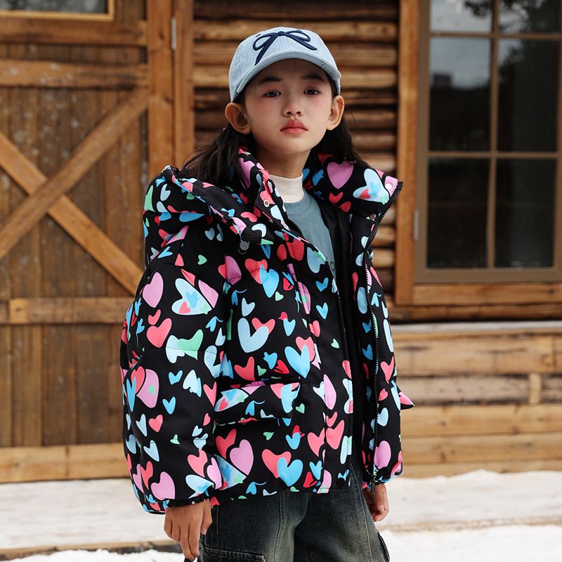 Piumino corto da bambina – Piumino con cappuccio in stile coreano con 55% piume d'anatra bianche (110-160 cm) – Nero/Rosa_voghion.com