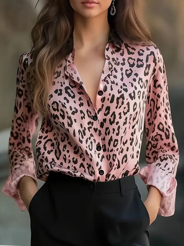 Elegante camicetta con stampa leopardata per donna - Elegante camicia a maniche lunghe con stampa animalier chic, comodo tessuto in poliestere, versatile per lavoro e tempo libero_voghion.com