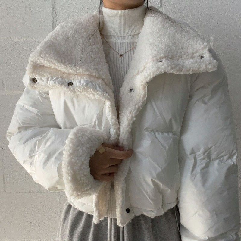 Giacca invernale da donna in pile Sherpa reversibile, vestibilità doppia, rifiniture in pelliccia di coniglio, vestibilità oversize, lunghezza corta_voghion.com