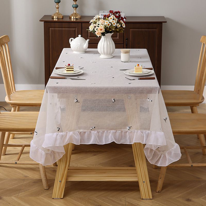 Cute Cow Cat Embroidered Tablecloth – Non-Slip, Dustproof, Polyester Fabric With Ruffled Edge – Modern Minimalist Home Decor_voghion.com