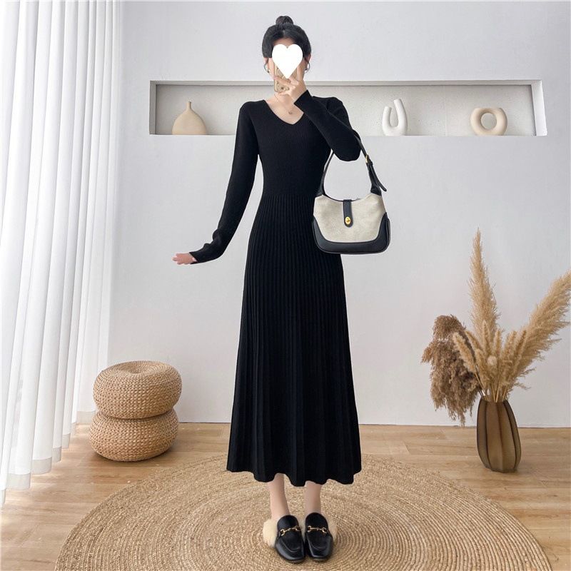 Women's Clothing simple inner coat sweater dress 2024 autumn and winter new V neck long sleeved elegant temperament knitted dress_voghion.com