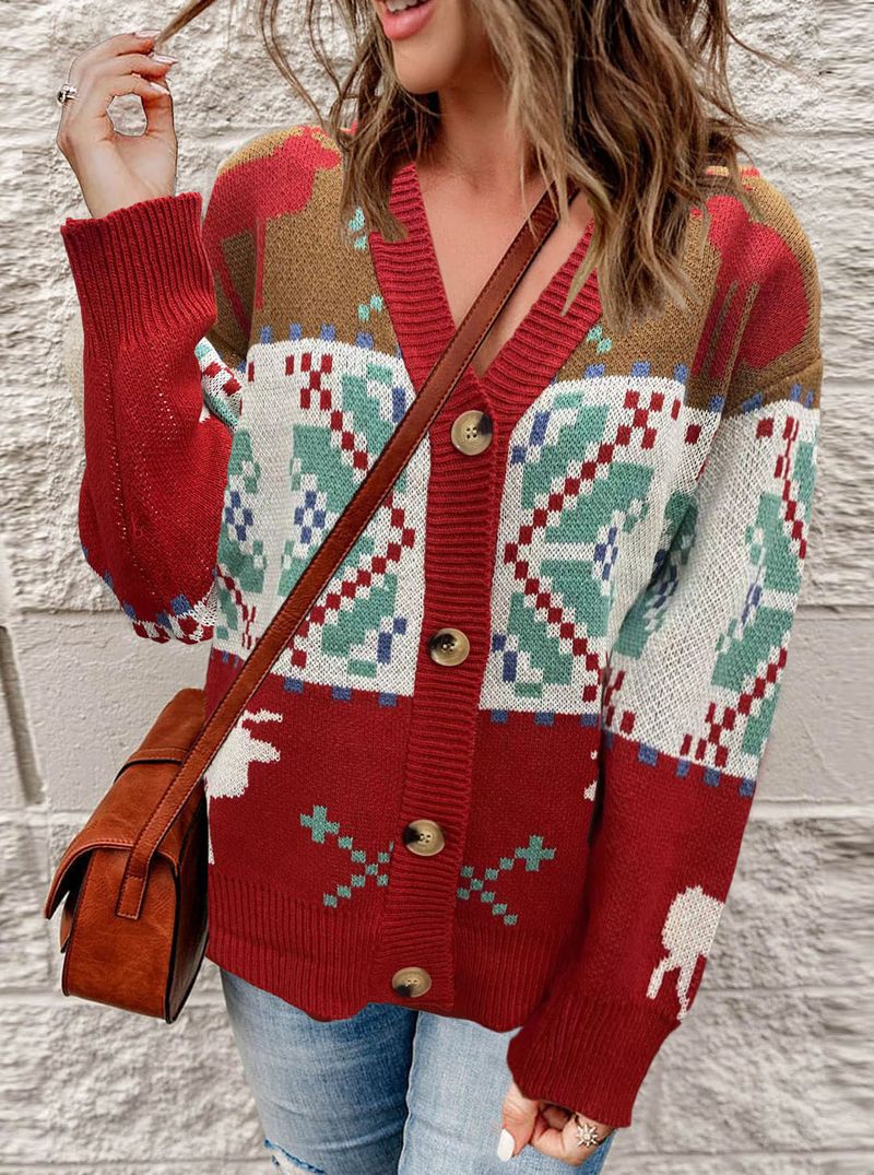 Abbigliamento da donna cardigan lavorato a maglia con bottoni autunno e inverno giacca maglione natalizio_voghion.com