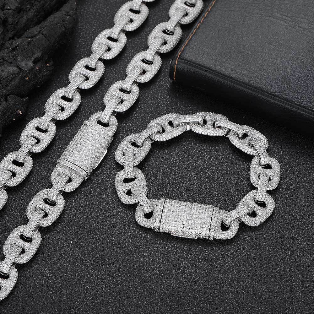 Men And Women's Jewelry 16mm Cuban Link Chain With Zirconia Pig Nose Pendant - Hip Hop Style Unisex Necklace And Bracelet Set_voghion.com