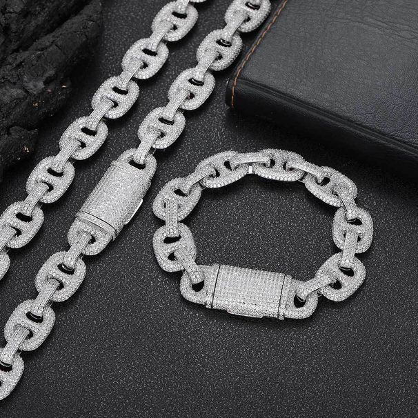 Men And Women's Jewelry 16mm Cuban Link Chain With Zirconia Pig Nose Pendant - Hip Hop Style Unisex Necklace And Bracelet Set_voghion.com