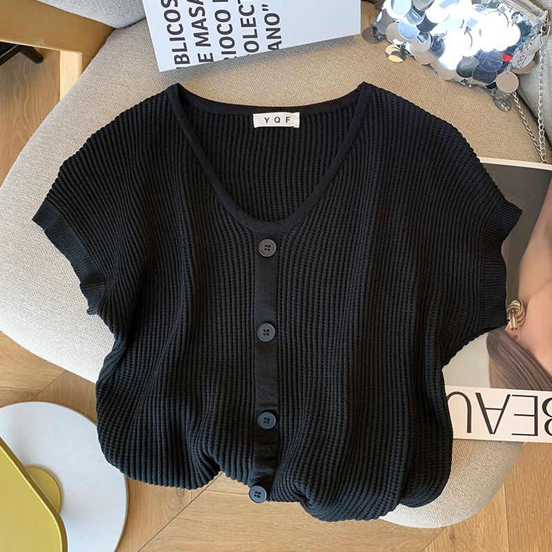 Maglione lavorato a maglia in seta ghiacciata, stile western, per donna, con scollo a V, a maniche corte e semplice_voghion.com