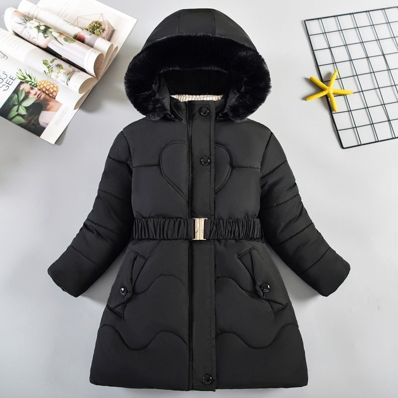 Kinderkleidung Winter Neue Mädchen Baumwollmantel Europäische und amerikanische mittlere und große Kinder Taille Kapuze Mittellanger Baumwollmantel_voghion.com