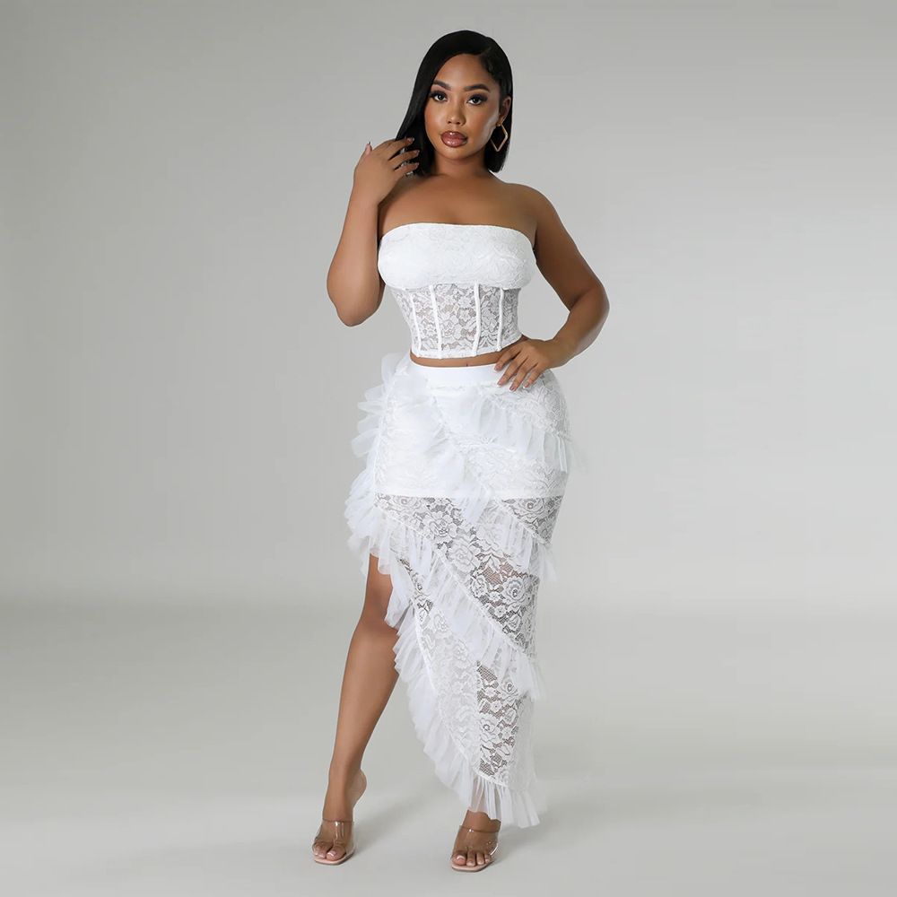 Dameskleding Mouwloze kanten tubetop met onregelmatige rok Effen kleur Tweedelige set voor dames_voghion.com