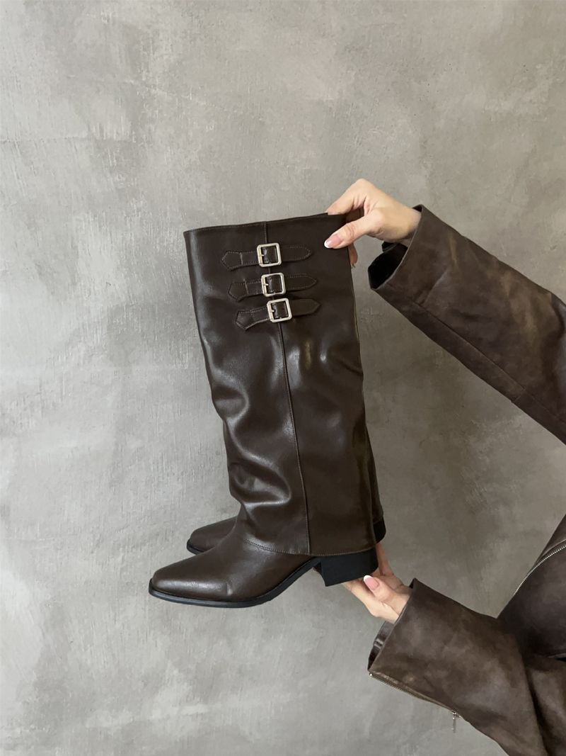 2024 Neues Herbst- und Winter-Grobbraun für Damen, spitze Gürtelschnalle, lange Röhrenstiefel, vielseitige Stiefel mit hohen Absätzen_voghion.com