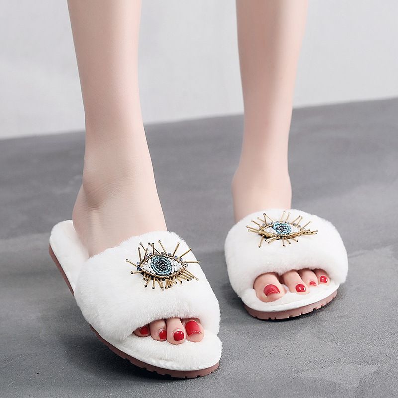 Korean Fashion Net red wool eyes plush slippers Ladies Home soft bottom can be worn outside cotton slippers wholesale_voghion.com