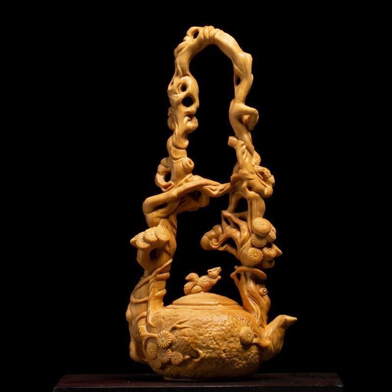 Thuja Creative Handheld Piece Home Solid Craft Living Room Wood Carving Ornament Dongpo Lift Handle Teapot_voghion.com