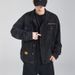 Herrenbekleidung Distressed-Jeansjacke, Oversize-Streetwear-Patchwork-Mantel mit mehreren Taschen – Lässiger, lockerer Schnitt, gewaschene Baumwollmischung (Schwarz/Blau)_voghion.com