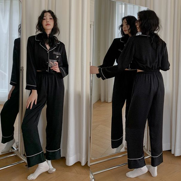 Pajamas Women's V-neck Exposed Navel, Long-sleeved Home Two-piece Set Of Satin Chiffon Thin Loungewear Can Be Worn Outside_voghion.com