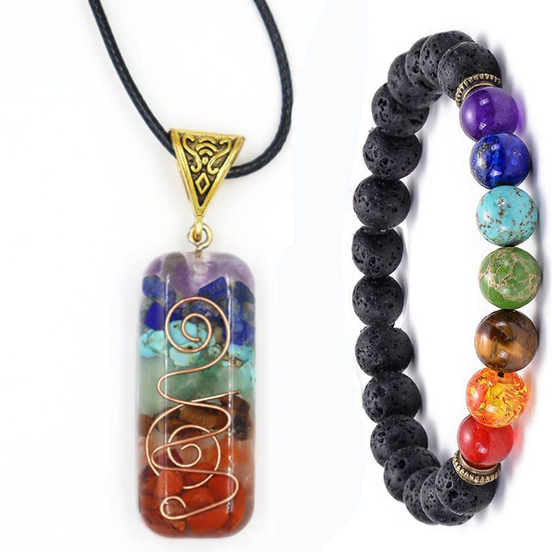 7 Chakra Stone Set - Moon Phase Necklace & Adjustable Bracelet, Natural Gemstone Resin Healing Jewelry For Reiki/Yoga (Gift Ready)​_voghion.com