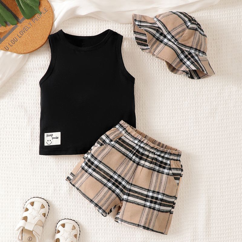 Completo da tre pezzi per neonati e bambini, versione coreana, senza maniche, con gilet e pantaloncini a quadri, per neonati, modello 2024, moda primaverile_voghion.com