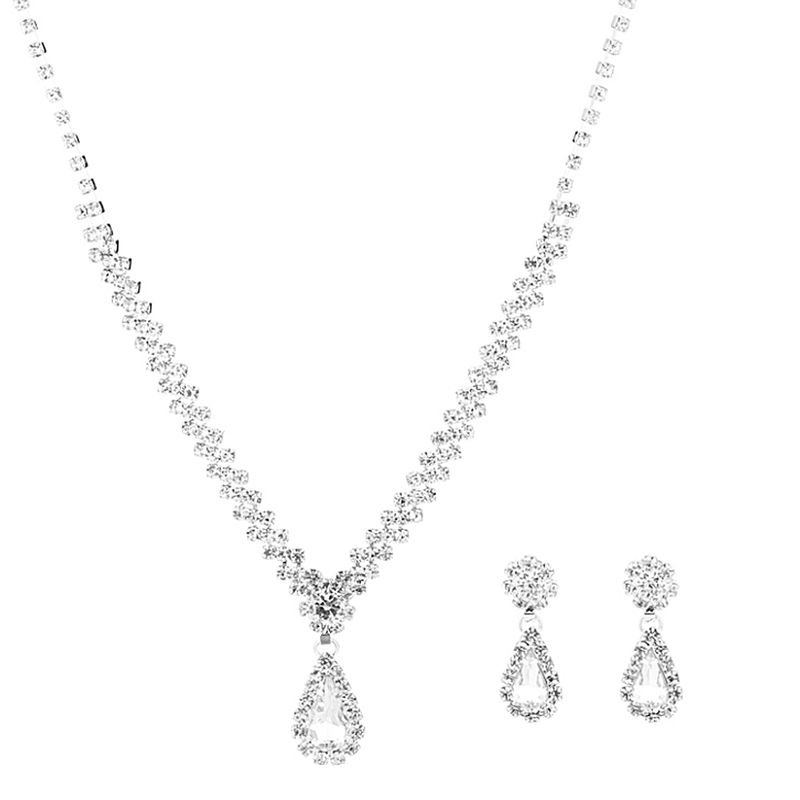 Qianbihe 1 set bruidsketting oorbellen waterdruppelvormige strass sieraden Koreaanse stijl sprankelende sieradenset voor bruiloft_voghion.com