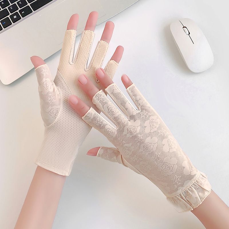 Gants d'été en dentelle pour femmes, protection solaire, fleurs, conduite, cyclisme, respirants, demi-doigts, maille fine, soie glacée, écran tactile_voghion.com