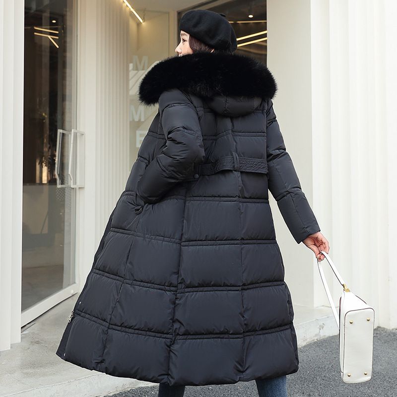 Giacca lunga Parker 2022 donna autunno inverno cappotto caldo spesso tessuto a blocchi tendenza cappotto coreano bianco nero con cappuccio_voghion.com