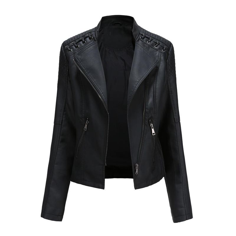 Damenmode Schnür-Lederjacke Slim Fit Frühling Herbst Motorrad-Reißverschlussjacke_voghion.com