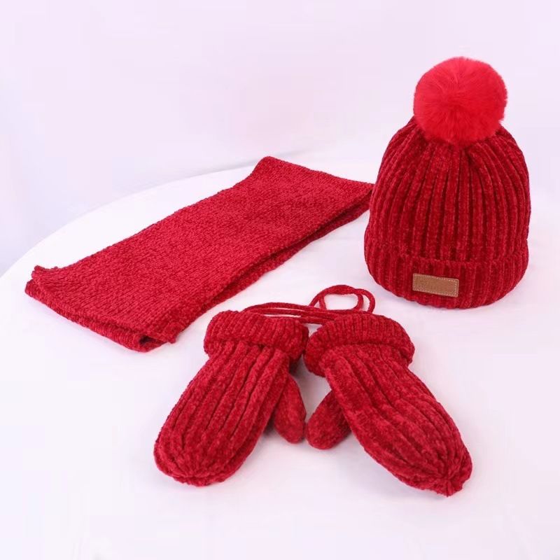 23 Spring new children's hat scarf gloves three piece set boys and girls baby thick warm chenille wool hat_voghion.com