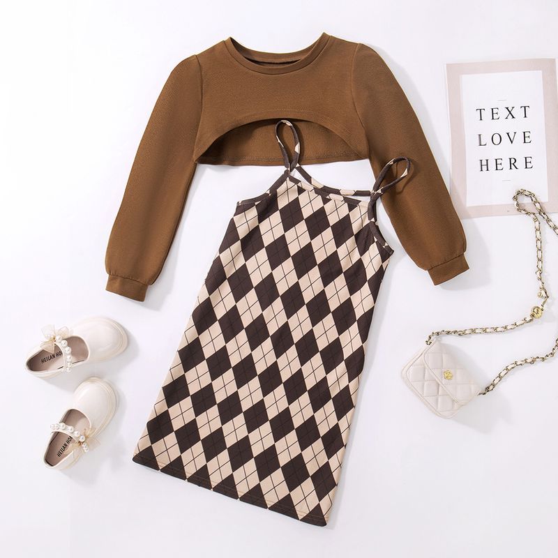 EW children's clothing, new product big children, autumn checkered buttocks skirt for girls+short top set DTZ844-D_voghion.com