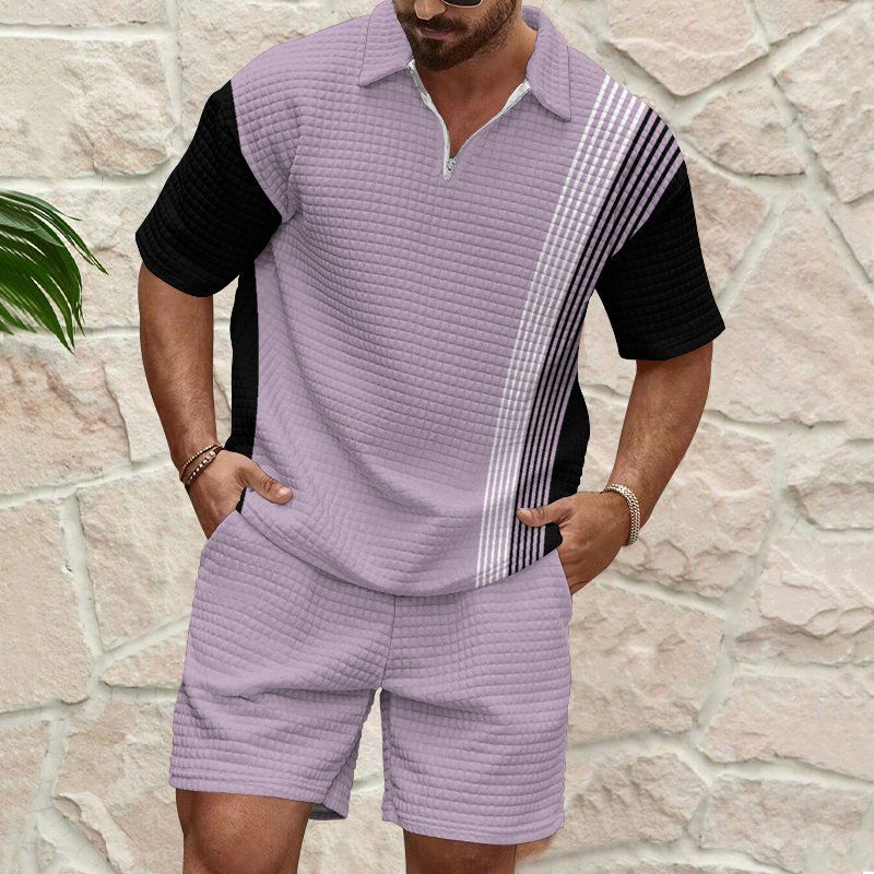 Abbigliamento da uomo, camicia con risvolto e zip a un quarto, top e pantaloncini, completo_voghion.com
