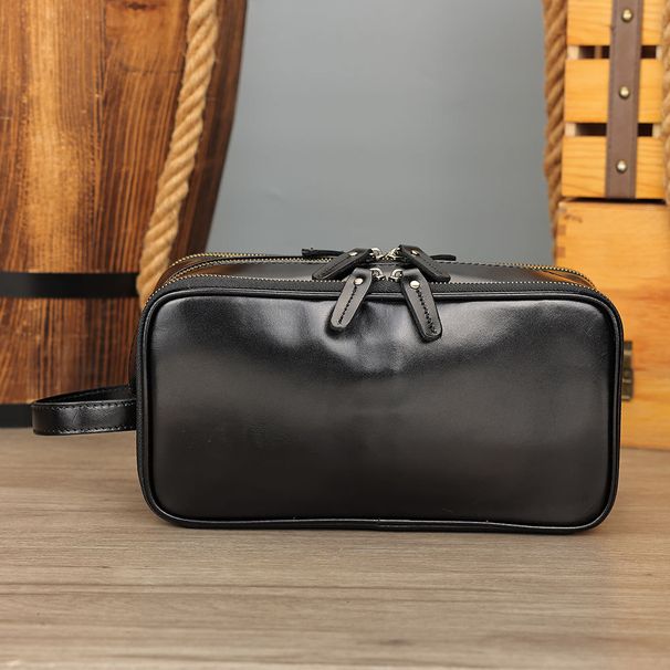 Marant Vintage Crazy Horse Leather Pochette da uomo in vera pelle con cerniera multipla, borsa da toilette di grande capacità_voghion.com