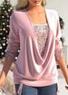 new solid color sequin stitching U neck long sleeved elegant casual T shirt_voghion.com