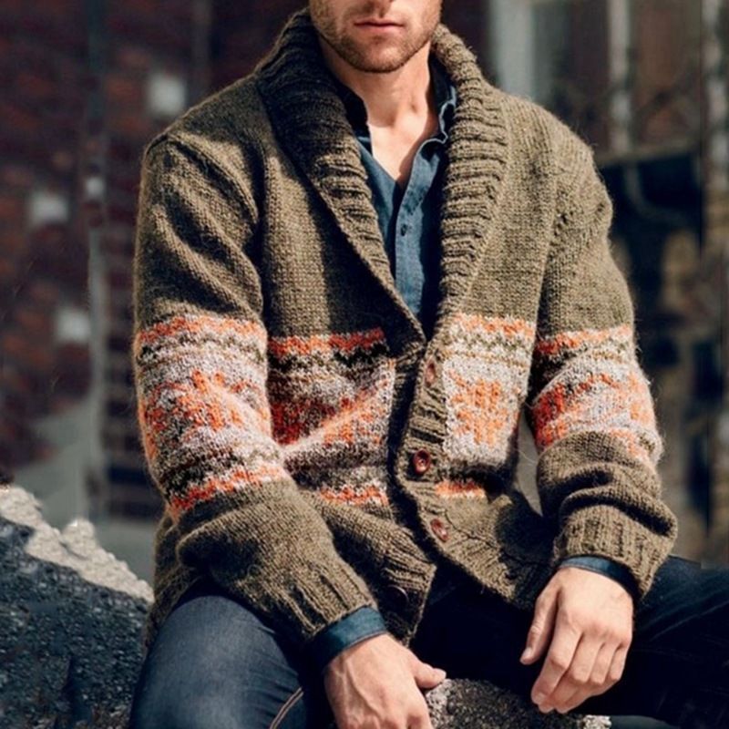 Cardigan in maglia retrò da uomo, a maniche lunghe, aperto sul davanti, con colletto rovesciato, tessuto misto acrilico elasticizzato, vestibilità slim, moda autunno inverno_voghion.com