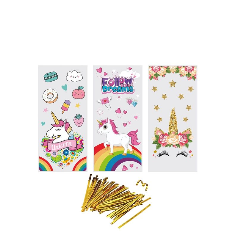 Cute Unicorn Printed Flat-top Opp Bags, Sparkly Star-patterned Gift Bags for Candy Wrappers With Gold Ribbon for Birthday Party_voghion.com